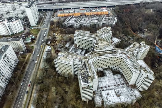 Top view of the city of Moscow, buildings and roads and other infrastructure of the city. Cityscape view from above.