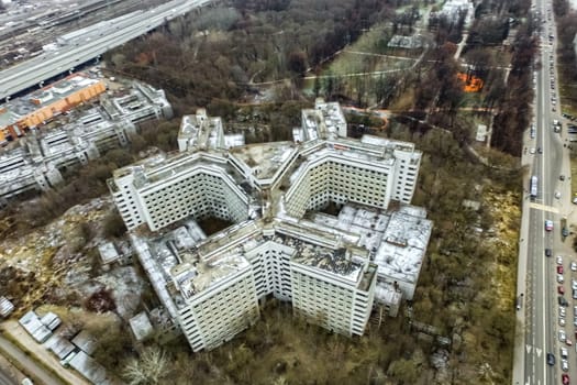 Top view of the city of Moscow, buildings and roads and other infrastructure of the city. Cityscape view from above.