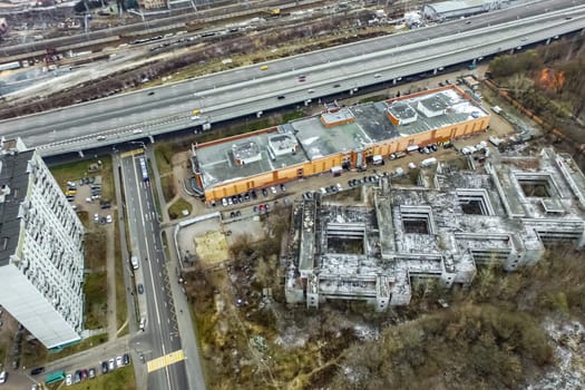 Top view of the city of Moscow, buildings and roads and other infrastructure of the city. Cityscape view from above.