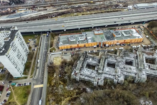 Top view of the city of Moscow, buildings and roads and other infrastructure of the city. Cityscape view from above.