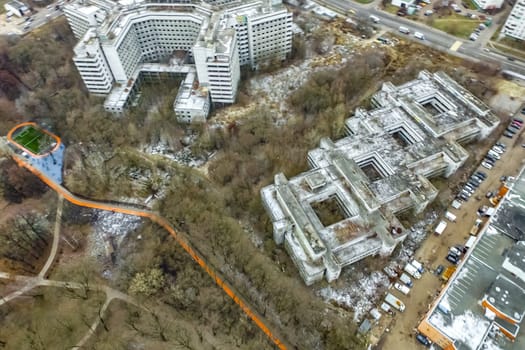 Top view of the city of Moscow, buildings and roads and other infrastructure of the city. Cityscape view from above.