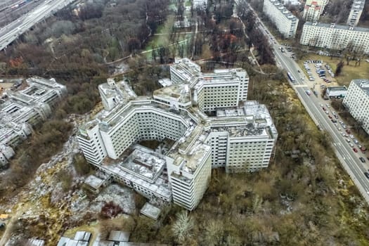 Top view of the city of Moscow, buildings and roads and other infrastructure of the city. Cityscape view from above.