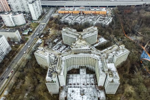 Top view of the city of Moscow, buildings and roads and other infrastructure of the city. Cityscape view from above.