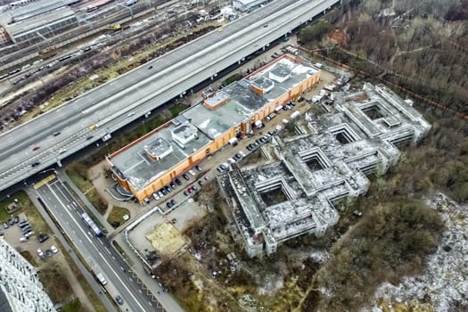 Top view of the city of Moscow, buildings and roads and other infrastructure of the city. Cityscape view from above.