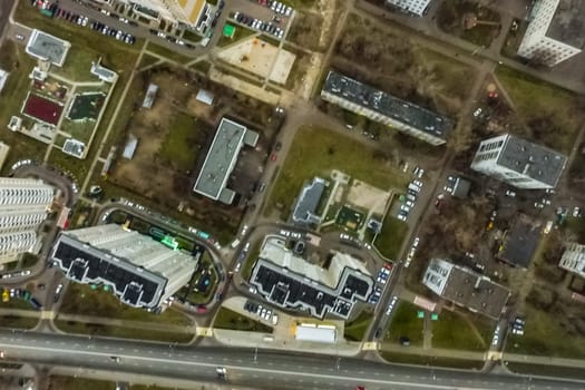 Top view of the city of Moscow, buildings and roads and other infrastructure of the city. Cityscape view from above.