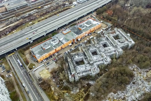 Top view of the city of Moscow, buildings and roads and other infrastructure of the city. Cityscape view from above.