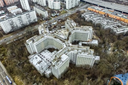 Top view of the city of Moscow, buildings and roads and other infrastructure of the city. Cityscape view from above.