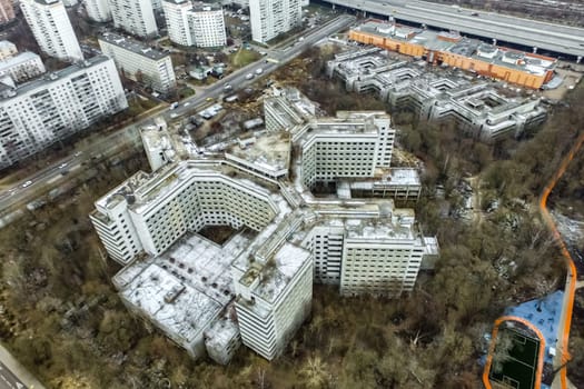 Top view of the city of Moscow, buildings and roads and other infrastructure of the city. Cityscape view from above.