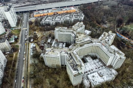 Top view of the city of Moscow, buildings and roads and other infrastructure of the city. Cityscape view from above.