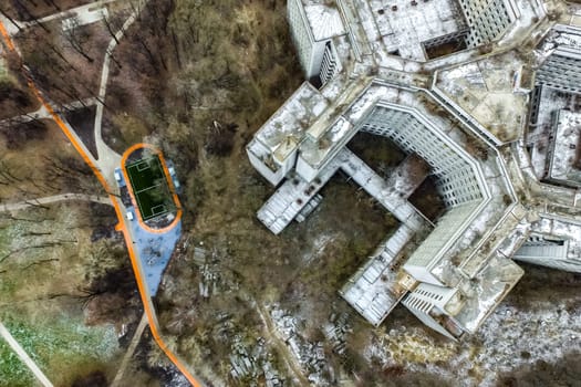 Top view of the city of Moscow, buildings and roads and other infrastructure of the city. Cityscape view from above.