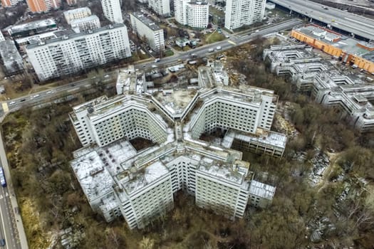 Top view of the city of Moscow, buildings and roads and other infrastructure of the city. Cityscape view from above.
