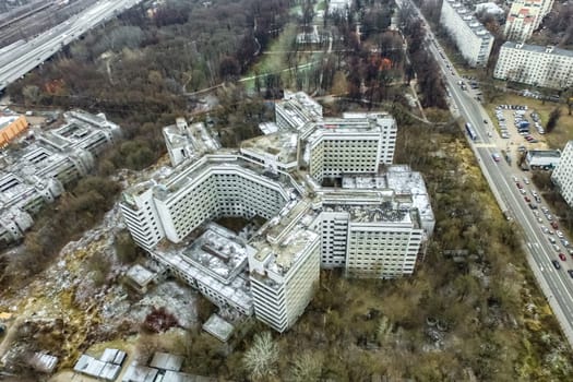 Top view of the city of Moscow, buildings and roads and other infrastructure of the city. Cityscape view from above.