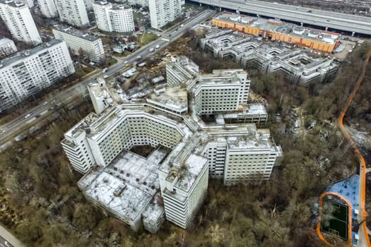 Top view of the city of Moscow, buildings and roads and other infrastructure of the city. Cityscape view from above.