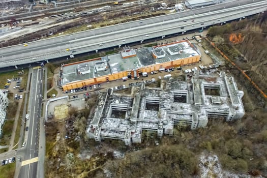 Top view of the city of Moscow, buildings and roads and other infrastructure of the city. Cityscape view from above.