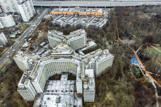 Top view of the city of Moscow, buildings and roads and other infrastructure of the city. Cityscape view from above.
