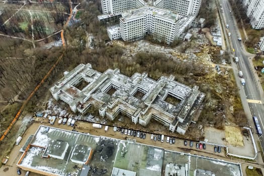 Top view of the city of Moscow, buildings and roads and other infrastructure of the city. Cityscape view from above.