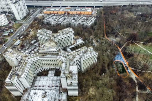 Top view of the city of Moscow, buildings and roads and other infrastructure of the city. Cityscape view from above.