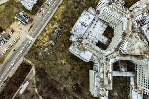 Top view of the city of Moscow, buildings and roads and other infrastructure of the city. Cityscape view from above.
