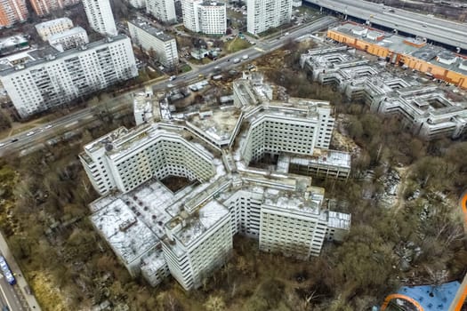 Top view of the city of Moscow, buildings and roads and other infrastructure of the city. Cityscape view from above.