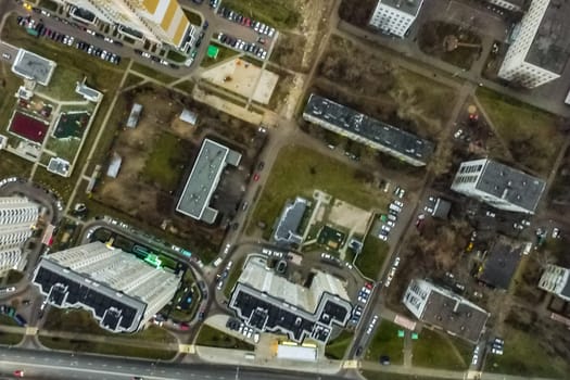 Top view of the city of Moscow, buildings and roads and other infrastructure of the city. Cityscape view from above.