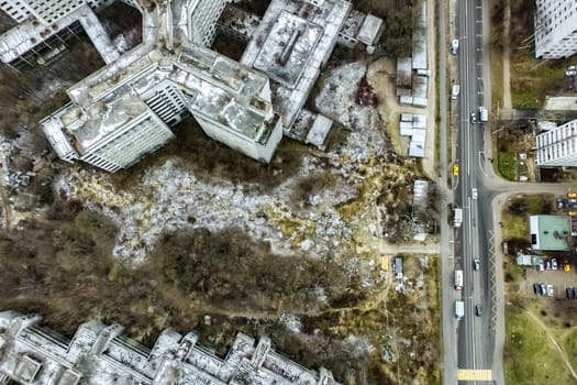 Top view of the city of Moscow, buildings and roads and other infrastructure of the city. Cityscape view from above.