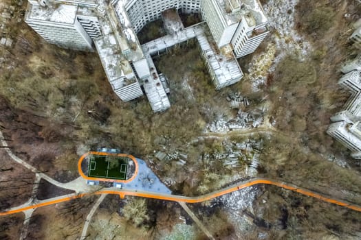 Top view of the city of Moscow, buildings and roads and other infrastructure of the city. Cityscape view from above.