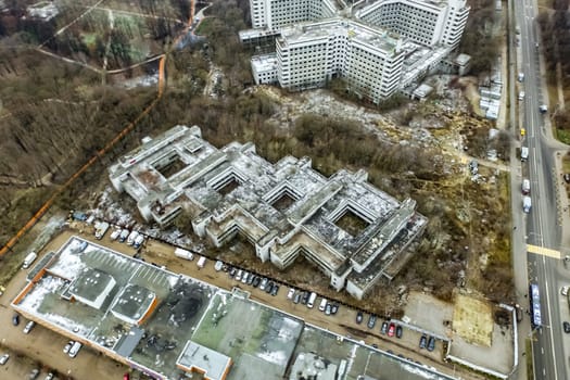 Top view of the city of Moscow, buildings and roads and other infrastructure of the city. Cityscape view from above.