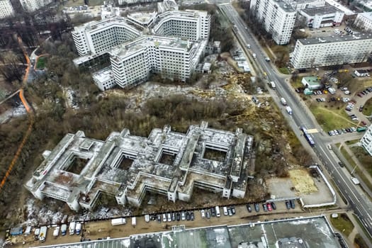 Top view of the city of Moscow, buildings and roads and other infrastructure of the city. Cityscape view from above.