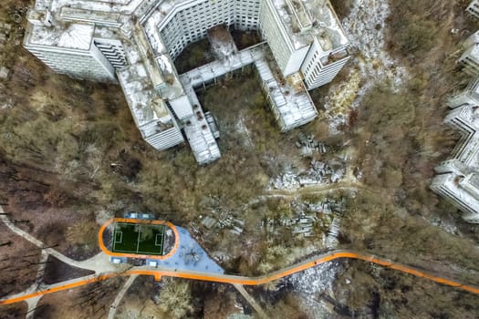 Top view of the city of Moscow, buildings and roads and other infrastructure of the city. Cityscape view from above.