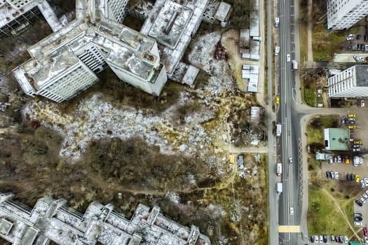 Top view of the city of Moscow, buildings and roads and other infrastructure of the city. Cityscape view from above.