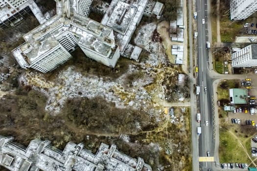Top view of the city of Moscow, buildings and roads and other infrastructure of the city. Cityscape view from above.