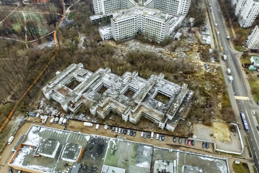 Top view of the city of Moscow, buildings and roads and other infrastructure of the city. Cityscape view from above.