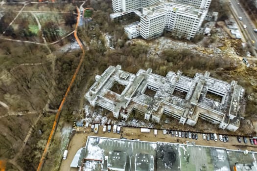 Top view of the city of Moscow, buildings and roads and other infrastructure of the city. Cityscape view from above.