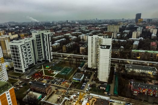 Top view of the city of Moscow, buildings and roads and other infrastructure of the city. Cityscape view from above.