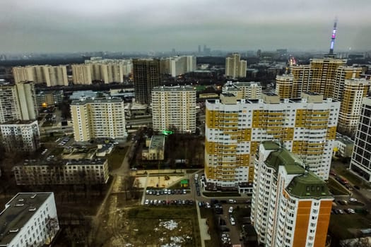 Top view of the city of Moscow, buildings and roads and other infrastructure of the city. Cityscape view from above.