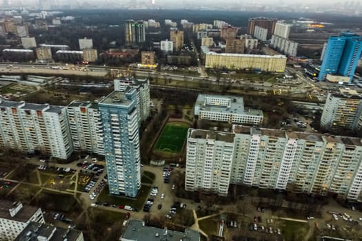 Top view of the city of Moscow, buildings and roads and other infrastructure of the city. Cityscape view from above.