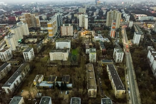 Top view of the city of Moscow, buildings and roads and other infrastructure of the city. Cityscape view from above.