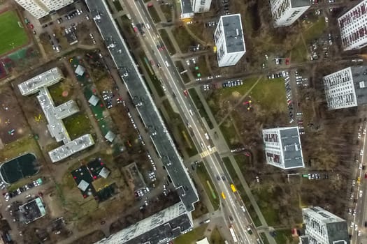 Top view of the city of Moscow, buildings and roads and other infrastructure of the city. Cityscape view from above.