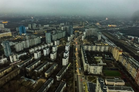 Top view of the city of Moscow, buildings and roads and other infrastructure of the city. Cityscape view from above.
