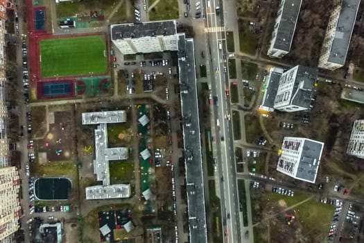 Top view of the city of Moscow, buildings and roads and other infrastructure of the city. Cityscape view from above.