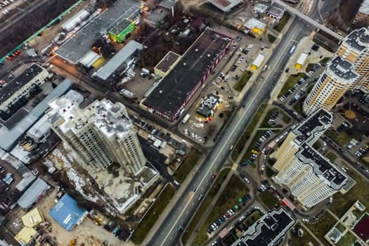 Top view of the city of Moscow, buildings and roads and other infrastructure of the city. Cityscape view from above.