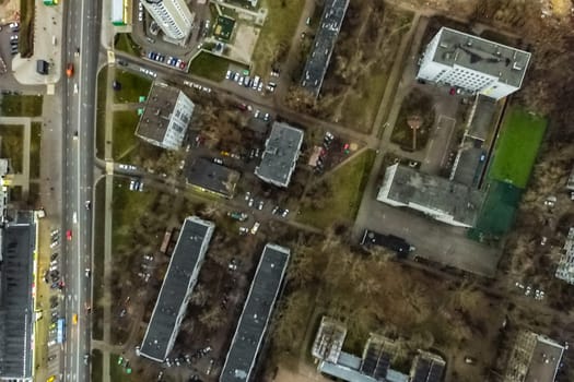Top view of the city of Moscow, buildings and roads and other infrastructure of the city. Cityscape view from above.