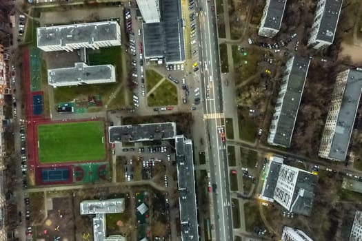 Top view of the city of Moscow, buildings and roads and other infrastructure of the city. Cityscape view from above.
