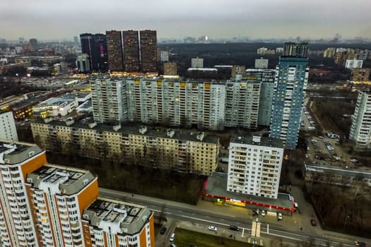 Top view of the city of Moscow, buildings and roads and other infrastructure of the city. Cityscape view from above.