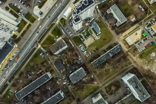 Top view of the city of Moscow, buildings and roads and other infrastructure of the city. Cityscape view from above.