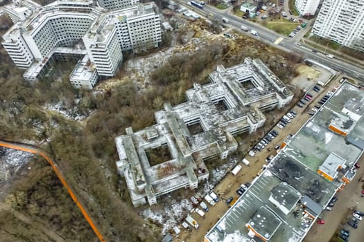 Top view of the city of Moscow, buildings and roads and other infrastructure of the city. Cityscape view from above.
