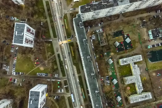 Top view of the city of Moscow, buildings and roads and other infrastructure of the city. Cityscape view from above.