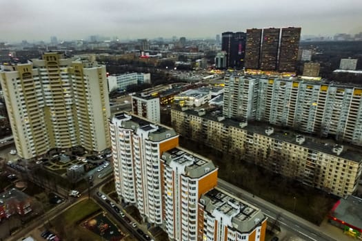 Top view of the city of Moscow, buildings and roads and other infrastructure of the city. Cityscape view from above.