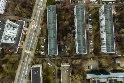 Top view of the city of Moscow, buildings and roads and other infrastructure of the city. Cityscape view from above.