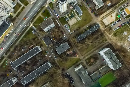 Top view of the city of Moscow, buildings and roads and other infrastructure of the city. Cityscape view from above.